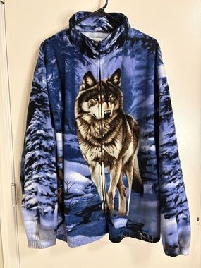 Men's Blue Wolf-Print Full-Zip Fleece Jacket